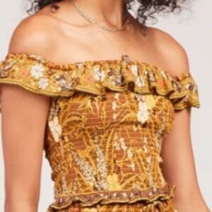 Spell & The Gypsy Collective Boho Smocked Ruffle Crop Top Mustard Floral XXL